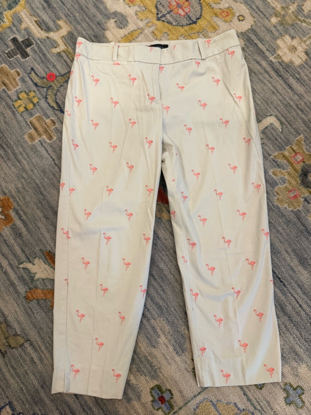 Talbots Signature Chino Pants Beige Pink Flamingo Embroidered Stretch Size 6P